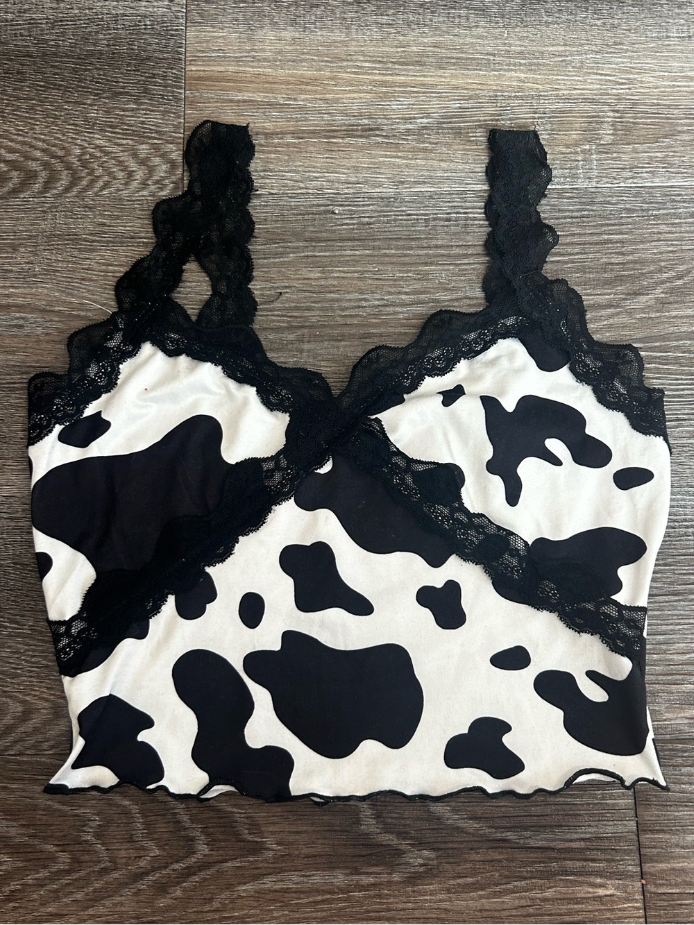 Black & White Cow Print Lace Trim Cami Top